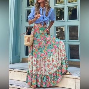 Boho floral print ruffle hem maxi dress